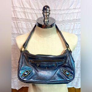 Y2K moto style Helen Welsh metallic blue real leather handbag